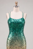 Sparkly Green and Gold Sequins Bodycon Short Homecoming Dress with Lace Up Back