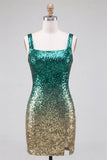 Sparkly Green and Gold Bodycon Square Neck Sequins Homecoming Dress with Slit