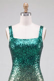 Sparkly Green and Gold Bodycon Square Neck Sequins Homecoming Dress with Slit