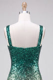 Sparkly Green and Gold Bodycon Square Neck Sequins Homecoming Dress with Slit