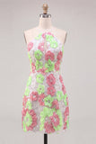 Pink and Green Flower Bodycon Spaghetti Straps Homecoming Dress with Embroidery