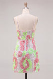 Pink and Green Flower Bodycon Spaghetti Straps Homecoming Dress with Embroidery