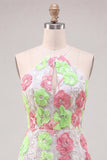 Pink and Green Flower Bodycon Spaghetti Straps Homecoming Dress with Embroidery