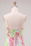Pink and Green Flower Bodycon Spaghetti Straps Homecoming Dress with Embroidery