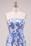 Strapless Blue Bodycon Sequins Short Homecoming Dress with Ruffles