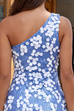 Bodycon One Shoulder Blue Sequins Short Homecoming Dress