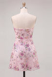 Strapless Pink A-Line Floral Sequins Short Homecoming Dress