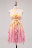 Yellow and Pink A-Line Chiffon Ruffled Halter Neck Homecoming Dress with 3D Flower