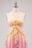 Yellow and Pink A-Line Chiffon Ruffled Halter Neck Homecoming Dress with 3D Flower