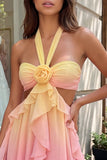 Yellow and Pink A-Line Chiffon Ruffled Halter Neck Homecoming Dress with 3D Flower