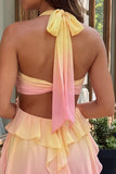 Yellow and Pink A-Line Chiffon Ruffled Halter Neck Homecoming Dress with 3D Flower