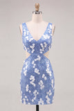 Blue Sequins V-Neck Tight Cut Out Homecoming Dress
