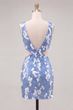 Blue Sequins V-Neck Tight Cut Out Homecoming Dress