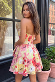 Pink A-Line Sweetheart Floral Ruched Beaded Homecoming Dress