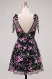 A-Line Black V-Neck Floral Sequins Homecoming Dress