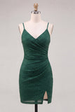 Dark Green Bodycon Ruched Spaghetti Straps Beaded Homecoming Dress with Slit