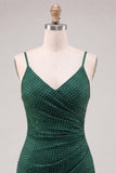 Dark Green Bodycon Ruched Spaghetti Straps Beaded Homecoming Dress with Slit