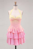A-Line Yellow and Pink Halter Neck Corset Tiered Chiffon Homecoming Dress