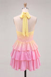 A-Line Yellow and Pink Halter Neck Corset Tiered Chiffon Homecoming Dress
