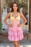 A-Line Yellow and Pink Halter Neck Corset Tiered Chiffon Homecoming Dress