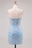 Sky Blue Sweetheart Corset Floral Appliqued Tight Homecoming Dress with Slit
