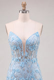 Sky Blue Sweetheart Corset Floral Appliqued Tight Homecoming Dress with Slit