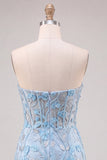 Sky Blue Sweetheart Corset Floral Appliqued Tight Homecoming Dress with Slit