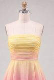 Yellow and Pink Strapless A-Line Ruched Tiered Chiffon Homecoming Dress