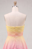 Yellow and Pink Strapless A-Line Ruched Tiered Chiffon Homecoming Dress