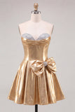 Gold Metallic Sweetheart A-Line Beaded Homecoming Dress with Bow