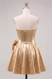 Gold Metallic Sweetheart A-Line Beaded Homecoming Dress with Bow
