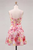 Pink Floral Corset A-Line Spaghetti Straps Lace Up Back Homecoming Dress with Bow