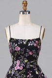 A-Line Black Spaghetti Straps Tiered Floral Lace Up Back Homecoming Dress with Sequins
