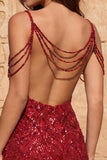 Cold Shoulder Dark Green Sequins Bodycon Short Homecoming Dress with Fringes