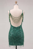 Cold Shoulder Dark Green Sequins Bodycon Short Homecoming Dress with Fringes