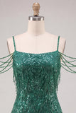 Cold Shoulder Dark Green Sequins Bodycon Short Homecoming Dress with Fringes