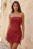 Strapless Burgundy Bodycon Fringed Short Homecoming Dress with Sequins