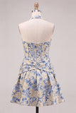 Light Blue A-Line Halter Neck Jacquard Floral Corset Homecoming Dress