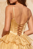 A-Line Gold Corset Tiered Beaded Short Homecoming Dress with Lace Up Back