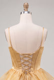 A-Line Gold Corset Tiered Beaded Short Homecoming Dress with Lace Up Back