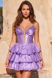 A-Line Gold Corset Tiered Beaded Short Homecoming Dress with Lace Up Back