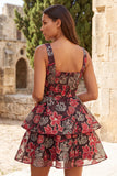 Red Flower Square Neck Tiered A-Line Short Homecoming Dress