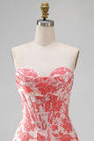 Sweetheart Red Corset Bodycon Floral Ruched Short Homecoming Dress