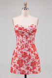 Sweetheart Red Corset Bodycon Floral Ruched Short Homecoming Dress