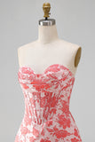 Sweetheart Red Corset Bodycon Floral Ruched Short Homecoming Dress