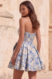 Red A-Line Strapless Corset Jacquard Floral Homecoming Dress with Bow