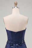 Navy Sweetheart Corset Bodycon Floral Sequins Satin Short Homecoming Dress