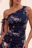 One Shoulder Black Chiffon A-Line Floral Homecoming Dress with Ruffles
