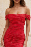 Off the Shoulder Red Ruched Bodycon Lace Up Back Short Homecoming Dress