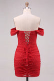 Off the Shoulder Red Ruched Bodycon Lace Up Back Short Homecoming Dress